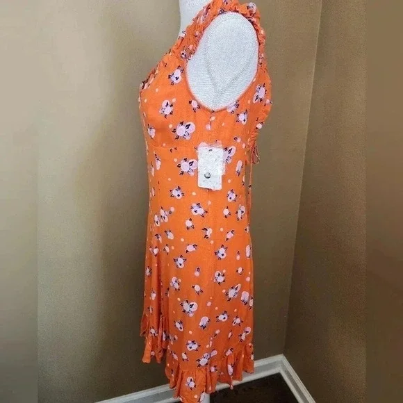 Free People Like a Lady Orange Citrus Floral Mini Dress Lace Up Back S NWT - Picture 7 of 16
